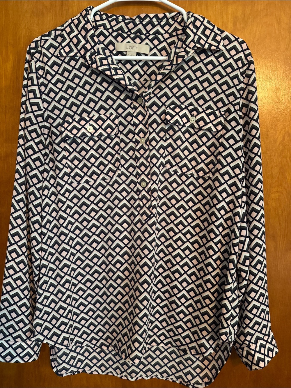 LOFT Navy and White Geometric Print Button-Down Shirt